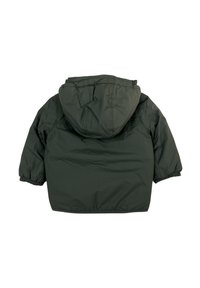 Giacca imbottita per bambini verde scuro con cappuccio e polsini elasticizzati, mostrata da dietro su uno sfondo bianco.