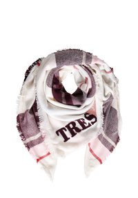 Écharpe tissée en tissu doux avec une base blanche ornée de motifs à carreaux en violet foncé et rose. Les bords sont à franges. Texte en lettres foncées.