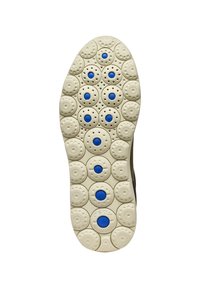 Sole boty s kruhovým vzorem, slonovinové barvy se modrými akcenty. Materiál vypadá gumově a má perforace pro prodyšnost.