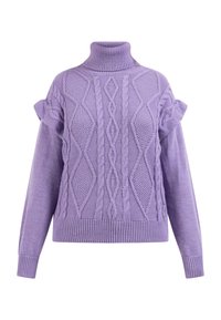 Pulover lila cu guler înalt, având modele tricotate în cablu, mâneci bufante și manșete și tiv dintr-un material tricotat moale și texturat.