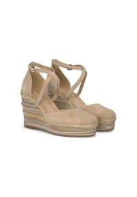 Wedges espadrille beige in suede con cinturini incrociati alla caviglia, jute tessuto e dettagli metallici, punta tonda con cappuccio texturizzato e decorazioni intrecciate.