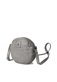 Grå lädercrossbody-väska med rund form, dragkedjestängning och justerbar rem. Har en liten präglad logotyp på framsidan.