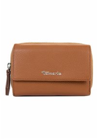 Portafoglio in pelle marrone con finitura testurizzata, chiusura con zip e logo argentato sulla parte anteriore. Design compatto con un piccolo dettaglio a frange.