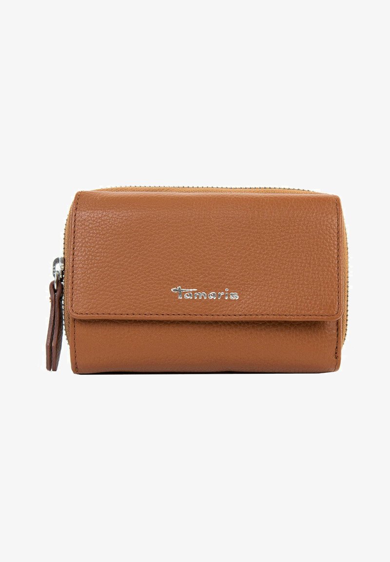 Brown leather wallet with a textured finish, zip closure, and a silver logo on the front. Compact design with a small tassel detail.