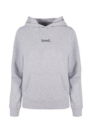 Light gray hooded sweatshirt with front pocket and the word "loved." printed in small black letters centered on the chest.