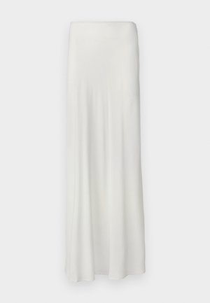 Long, white skirt with a smooth, flowing fabric. Features a simple, elastic waistband and a straight silhouette, reaching ankle length.