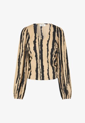 Bluză cu mâneci lungi și decolteu în V, de culoare bej, cu dungi verticale negre. Textura este ușor creponată. Mâneci cu manșete adaugă detalii designului.