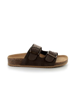 Sandalo scivoloso in suede marrone con due fibbie regolabili, soletta in sughero e suola in gomma testurizzata. Design semplice, con punta aperta.