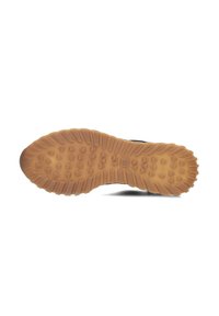 Rubberen zool met uitgesproken, multidirectioneel profiel in beige; heeft een lichte textuur en verhoogde secties voor grip en tractie.
