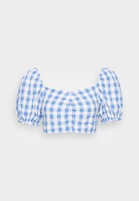 Lyseblå og hvidt ternet crop top med puffærmer, der har en samlet frontdetalje og elastiske manchetter. Lavet af bomuldsmateriale.