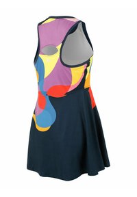 Robes sans manches colorées présentant une combinaison de motifs violets, jaunes, bleus et rouges sur une base marine, avec un design de jupe évasée.