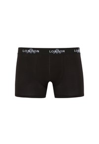 Black boxer shorts made of soft fabric, featuring a gray waistband with "LONDON" printed. Classic shape and clean design.