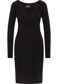 Robe noire à manches longues, coupe ajustée avec un col en V et des fronces au niveau de la poitrine. Confectionnée dans un tissu doux et extensible pour plus de confort.