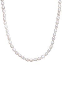 White freshwater pearl necklace with oval beads, each reflecting light. Smooth texture with slight variations in surface luster.