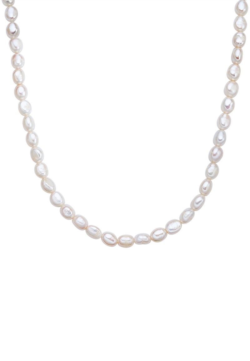 White freshwater pearl necklace with oval beads, each reflecting light. Smooth texture with slight variations in surface luster.