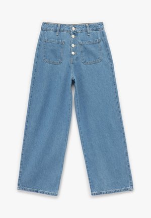 Light blue denim wide-leg jeans with five-button closure, two front patch pockets, and two back pockets. Classic straight cut and soft texture.