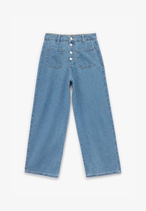 Light blue denim wide-leg jeans with five-button closure, two front patch pockets, and two back pockets. Classic straight cut and soft texture.