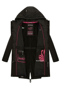 Manteau d'hiver noir à capuche avec des accents roses, ouvert pour montrer les poches intérieures, la doublure en maille aérée et le logo Marikoo Mountain à l'intérieur.