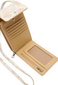 Beżowy portfel z kwiatowym wykończeniem, z wieloma miejscami na karty, przezroczystą kieszenią na dokumenty tożsamości i zapinaną na zamek kieszonką. Posiada dekoracyjny pasek.