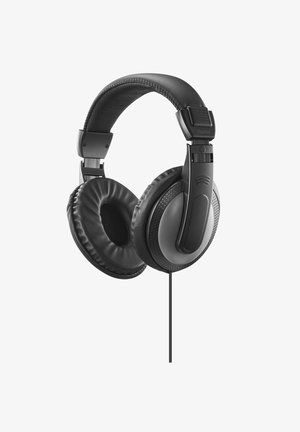Black over-ear headphones with a padded headband, cushioned ear cups, and a textured outer design. Features a single audio cable.