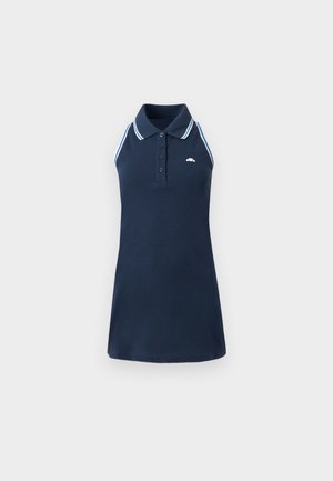 Robe polo sans manches bleu marine avec bordure rayée blanche et bleu clair sur les épaules et le col, patte de boutonnage, et petit logo sur la poitrine.