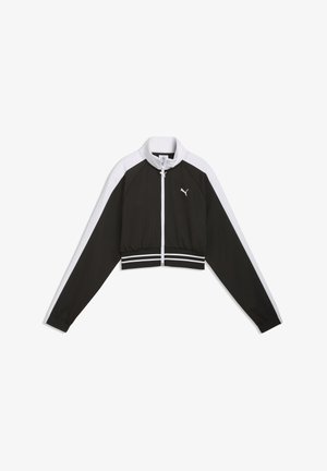 Fekete-fehér, rövidített megkötős futódzseki teljes elülső cipzárral, fehér Puma logóval a mellkason, csíkos elasztikus derék- és ujjbetéttel.