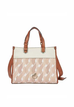 Beige and white patterned handbag with brown leather handles, detachable shoulder strap, and circular gold-tone clasp on front panel.