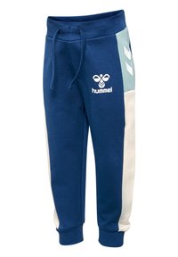 Marineblauwe sweatpants met elastische tailleband, lichtblauwe en witte zijpanelen, en logo op de bovenbenen. Glad textuur en taps toelopende fit.