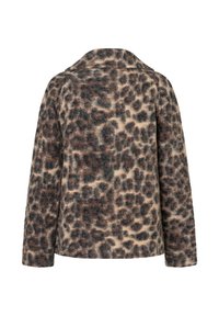 Leopardenmuster-Mantel aus einem weichen, strukturierten Stoff; mit einem Kragen und langen Ärmeln ausgestattet; die Farben umfassen Beige, Braun und dunkle Akzente.