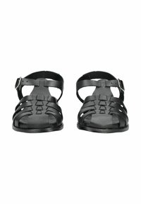 Zwarte sandalen met bandjes en een platte zool, met gevlochten bandjes, een verstelbare enkelgesp en een gladde synthetische textuur.