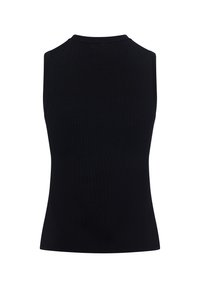 Czarny bezrękawnik o ryflowanej fakturze, z okrągłym dekoltem i dopasowanym krojem. Prosty fason bez ozdób.