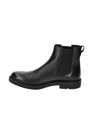 Stivale Chelsea in pelle nera con pannelli laterali elastici, finitura liscia, punta arrotondata e suola bassa in gomma per una maggiore durata.