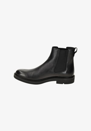 Schwarze Leder-Chelsea-Stiefel mit elastischen Seitenpanelen, glatter Oberfläche, runder Zehenform und einer niedrigen Gummisohle für Langlebigkeit.