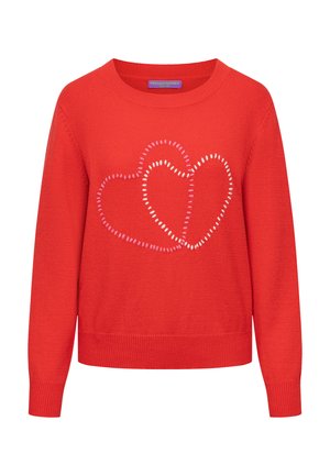 Red long-sleeve sweater with ribbed cuffs and hem, featuring two overlapping stitched heart outlines in pink and white on the front.
