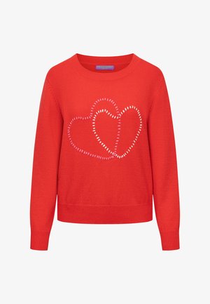 Czerwona długi rękaw sweter z prążkowanymi mankietami i dołem, z dwoma nachodzącymi na siebie przeszytymi konturami serc w kolorze różowym i białym na przodzie.