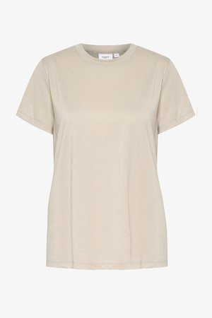 Világos bézs színű, rövid ujjú póló, enyhén fényes anyagból készült. Kerek nyakkivágással és laza szabással rendelkezik, az oldalak mentén látható varrásokkal.