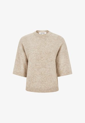 Maglione cropped beige realizzato in morbido tessuto a maglia. Presenta maniche corte, un collo rotondo e una leggera trama. Etichetta visibile all'interno del collo.