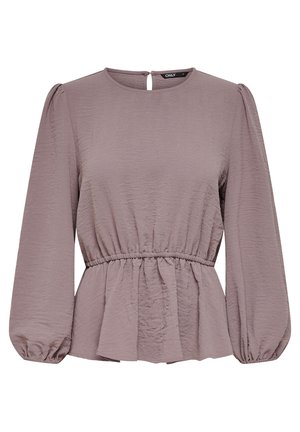 Peplum blouse in zacht mauve, met lange pofmouwen, een geraffineerde taille en een sleutelhole sluiting aan de achterkant. Textuurstof voegt dimensie toe.