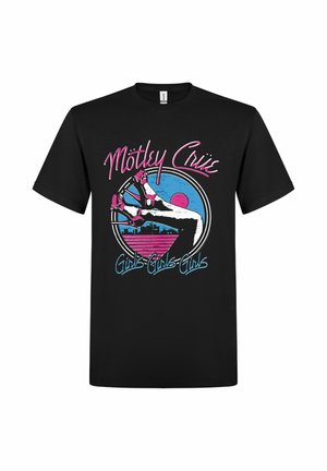 Czarny t-shirt z kolorowym wzorem przedstawiającym nogi kobiety w różowych szpilkach na tle miejskiej panoramy, z napisem "Mötley Crüe" oraz "Girls Girls Girls".