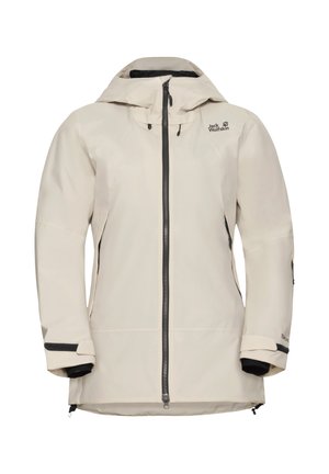 Cremfarbene wasserdichte Jacke mit Kapuze, schwarzem Reißverschluss und verstellbaren Bündchen. Sie verfügt über ein Logo auf der Brust und zwei seitliche Reißverschlusstaschen.
