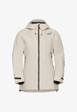 Crème waterdichte jas met een capuchon, zwarte rits en verstelbare manchetten. Beschikt over een logo op de borst en twee zijzakken met rits.