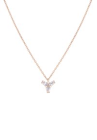 Roze gouden ketting met een vlinder-vormige hanger waarin drie heldere edelstenen zijn gezet in een gepolijst ontwerp. De ketting heeft kleine ronde schakels.