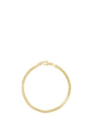 Goldkettchen-Armband mit flachen, ineinandergreifenden Gliedern und Karabinerverschluss auf weißem Hintergrund.