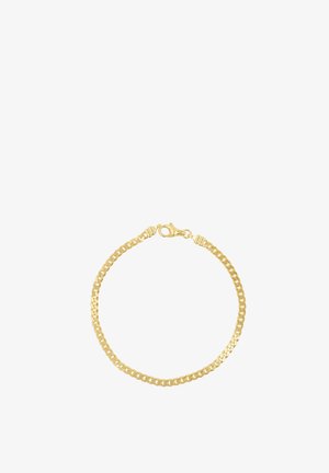 Goldkettchen-Armband mit flachen, ineinandergreifenden Gliedern und Karabinerverschluss auf weißem Hintergrund.