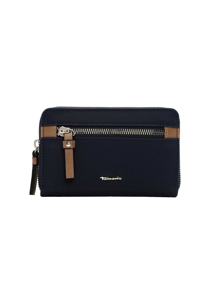 Navy blue wallet made of durable fabric, featuring a front zipper pocket, brown accents, and silver hardware. Logo embossed on the front.