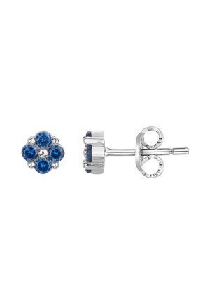 Silberne Ohrstecker mit vier runden blauen Edelsteinen, die in Blumenform angeordnet sind, und Schmetterlingsverschlüssen vor weißem Hintergrund.