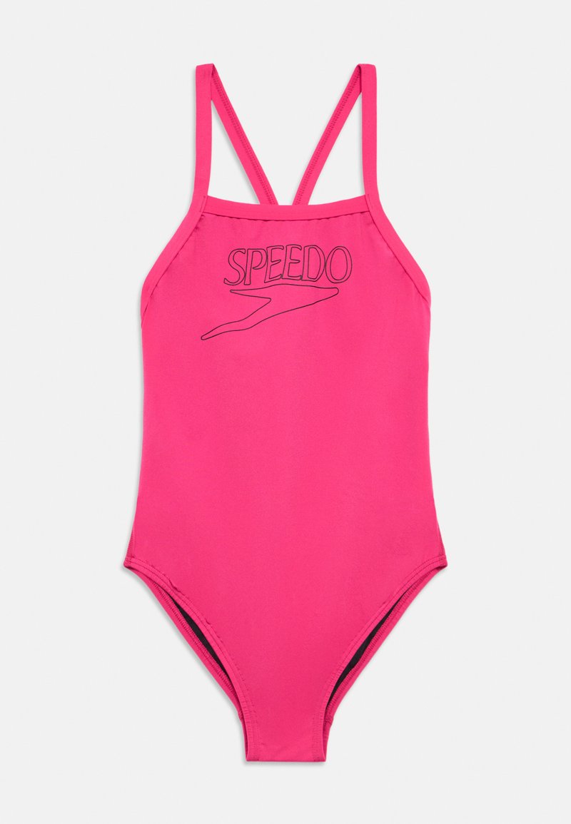 Ροζ ολόσωμο μαγιό κατασκευασμένο από μαλακό υλικό με σχέδιο racerback και μαύρο λογότυπο «SPEEDO» με αεροδυναμικό γραφικό.