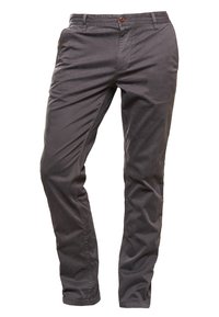 Mörkgrå avslappnade byxor med knappstängning, bältesöglor och sidofickor, visade framifrån mot en vit bakgrund.