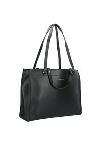 Borsa tote in pelle nera con texture liscia, due manici lunghi e design minimalista. Presenta un sottile logo del marchio sul davanti.