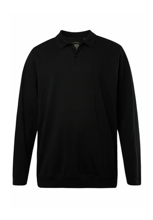 Zwarte poloshirt met lange mouwen, gemaakt van zachte stof, met een klassieke kraag, een drieknops-sluiting en een subtiele reliëf logo op de borst.